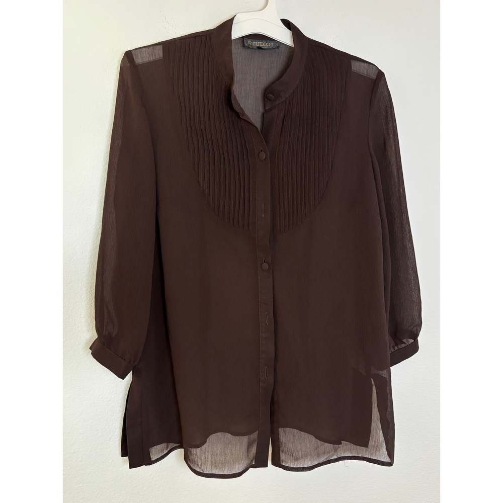 Studio I Brown Sheer Pleated Bib Button Down Blouse Mandarin Collar Size 10